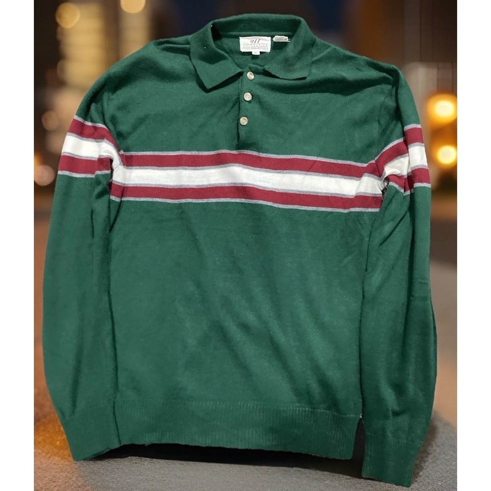 911‎ Collection Sweater Polo Mens XL Green Striped Long Sleeve Acrylic Vintage